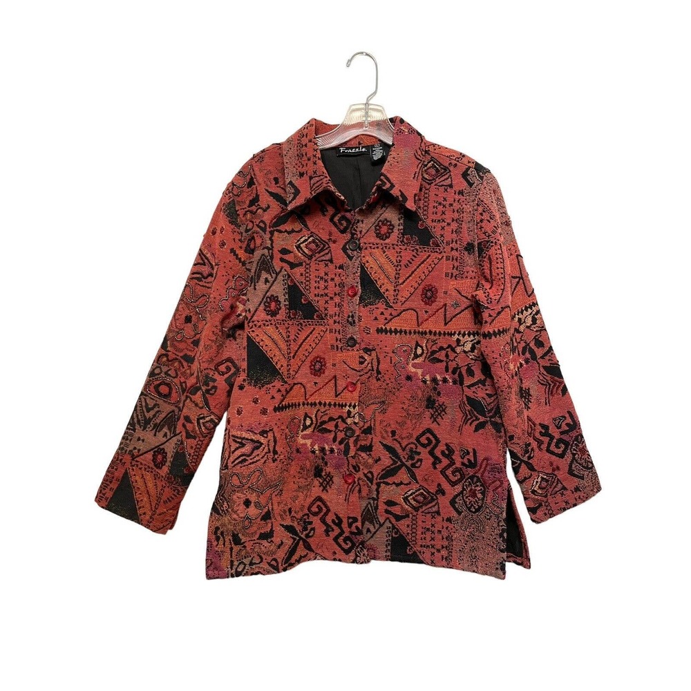 Frazzle Tapestry Beaded Abstract Jacket Size Large Collared Art to Wear Orange